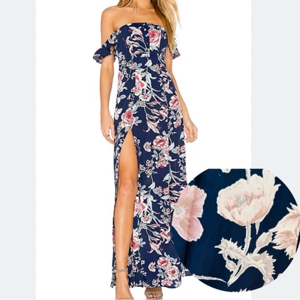 Flynn Skye Bardot Maxi Dress Small Navy Blue Floral Off Shoulder Festival